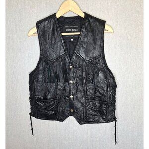 💙 Vintage 90s Genuine Buffalo Leather Fringe Vest Size M Western Biker Patchwor